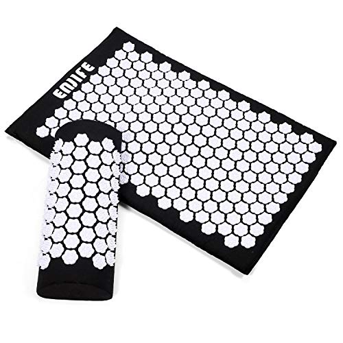 ENJIFE Acupressure Mat Pillow Set Lotus Massage Cushion Set Full Body Nails Sleep Mats for Back, Legs, Neck, Sciatica, Trigger Point Therapy, Pain and Stress Relief (ACU Black Set-White Lotus)