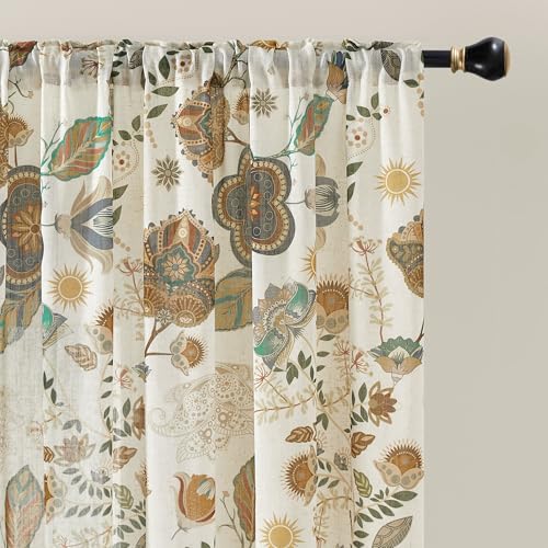 Image of XiDi Linen Vintage Floral Curtains 63 inch Length 2 Panels Set for Living Room Back Tab Rod Pocket Neutral Farmhouse Cottage Light Filtering Bedroom Curtains Pretty Flower Patterned Linen Drapes 52x63