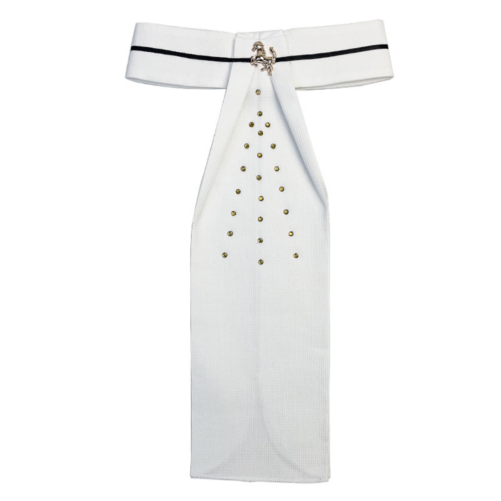 Cravate Concours Équestre Blanc, size to 2, Modèle 9, Cravate Blanche Avec Bordure Noire Et Ornements Dorés