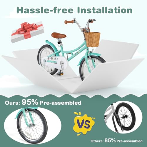 Image of BABY JOY Retro Kids Bike, 12 14 16 18 Inch Child Bike for 3-8 Years Old w /Rattan Basket, Adjustable Height, Training Wheels, Fenders, Handbrake Coaster Brake, 95% Pre-Assembled Kids Bicycle for Girls