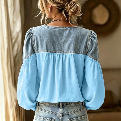 Floral Blouses for Women Denim Patchwork Button Puff Long Sleeve V Neck Top - image 5