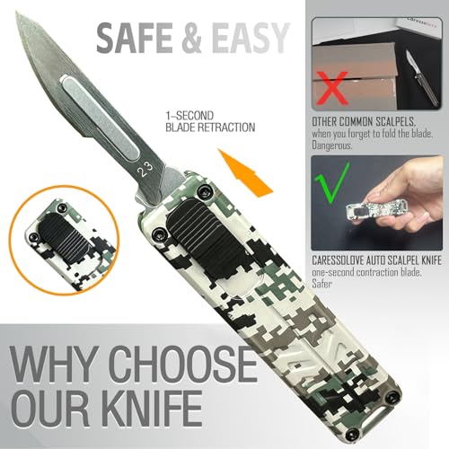 Image of Caressolove Automatic Utility Knife, Safety Black Box Cutter Retractable, EDC Push Button Knife, Exacto Scalpel Knife, 10PCS #23 Razor Blades Pocket Knife with Clip (Camouflage)