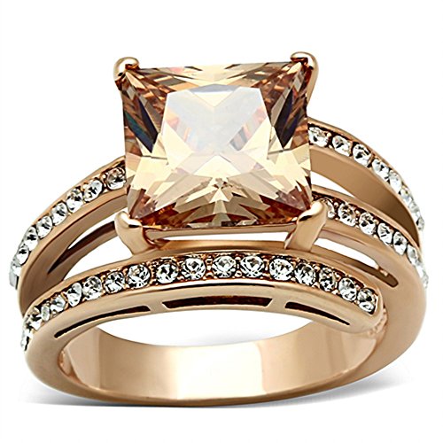 Marimor Jewelry Women's Stainless Steel Rose Gold Princess Cut Champagne Zirconia Cocktail Ring Size 7