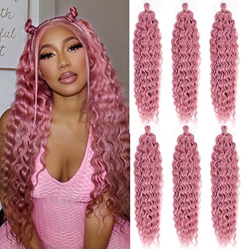 22 Inch Pink Wavy Braiding Hair 6 Packs Curly Crochet Hair Synthetic Long Deep Wave Ocean Wave Crochet Hair for Black Women