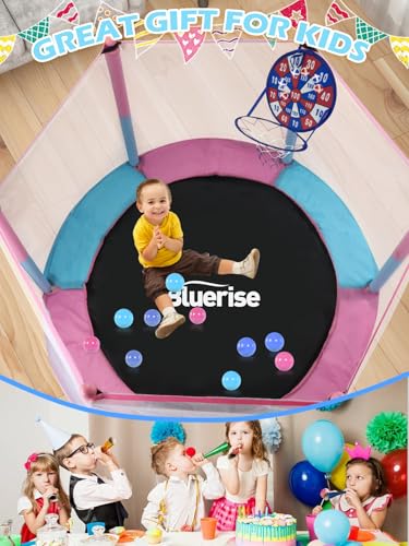 BLUERISE 60\" Trampoline for Kids, 5 FT Small Toddler Indoor & Outdoor Trampoline, Basketball Hoop & Dart Board, Baby Toys, Gifts for Boy and Girl, Baby Toddler Christmas Toys Pink - Thumbnail 7