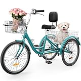 YITAHOME 24 Inch Adult Tricycle, 7 Speed 3 Wheel Bikes, Trike for Adults with Front & Rear Baskets, Cruiser Bike for Seniors Women Men Commute Picnic Outdoor, Mint Green