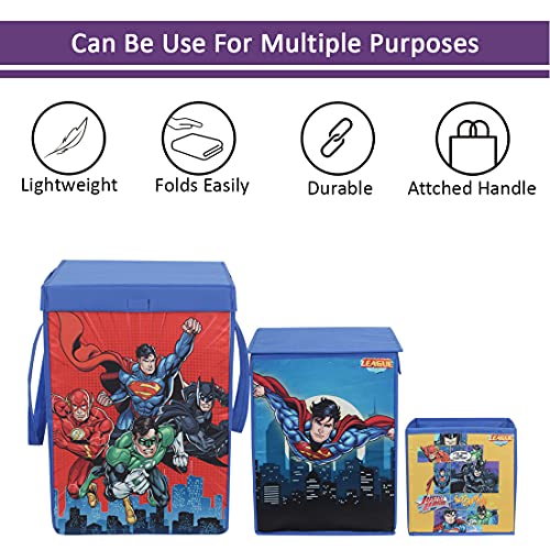 Image of PrettyKrafts Non Woven SuperMan Printed Rectangular Foldable Large Laundry Bag /Toy Storage Box With Lid & Handle, Freestanding Cloth Toy Storage Organizer for Bedroom, Dorm (Multicolor, Combo of 3)