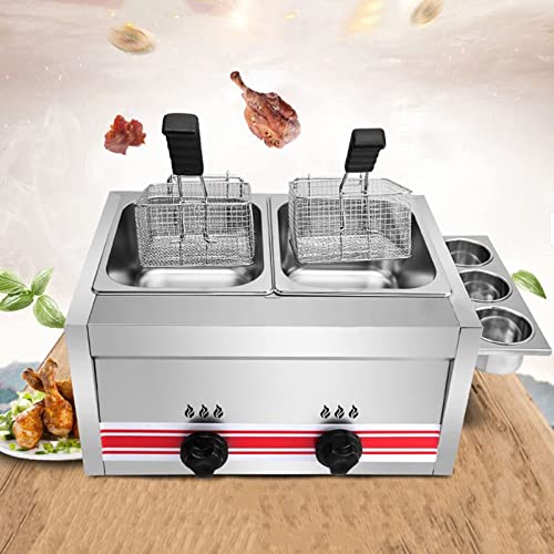 HCZKIUJY Freidora comercial de acero inoxidable de 20 L, freidora de gas de doble tanque con cestas y tapas, máquina de freír de cocina para encimera para papas fritas, restaurantes, supermercados