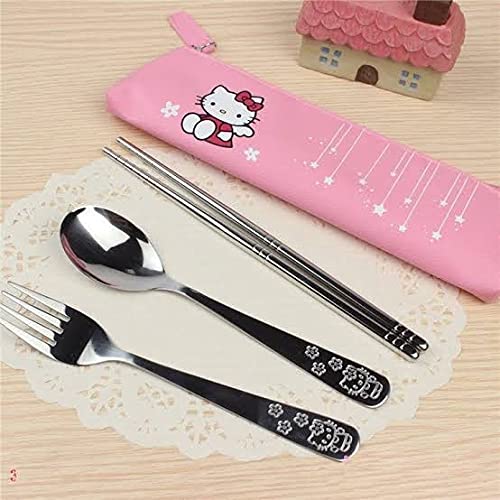 CherryBoxPink Kitty Stainless Steel Spoon, Fork & Chopsticks Cutlery Set for Kids with Pouch - Pink
