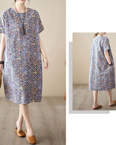 Image of LUZU JUNU Women's Summer Baggy Plus Size Loose Cotton Linen Long Boho Beach Dress with Pockets