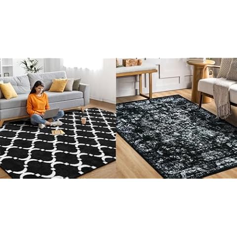 Soft Shag Black 3x5 Area Rugs for Bedroom Living Room, 5x8 Rugs for Living Room, Vintage Washable Area Rug, Ultra Soft Abstract Non Slip Carpet Printed Low Pile Foldable Accent Rugs for Bedroom Cover