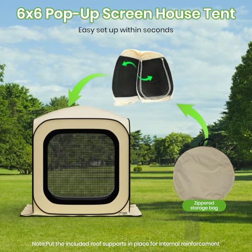 6x6 Pop-up Screen House Tent, Portable Screen Rooms for Outdoors with Storage Bag, Pop up Gazebo with Mosquito Netting,Screened in Canopy for Camping with 2 Zipper Entrances for Traile/Deck/Camping - Thumbnail 2