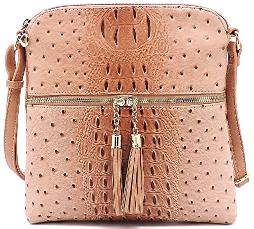 Ostrich Croc Tassel Zipper Pocket Crossbody Bag Animal Pattern Printed Shoulder Bag Womens Purse Satchel