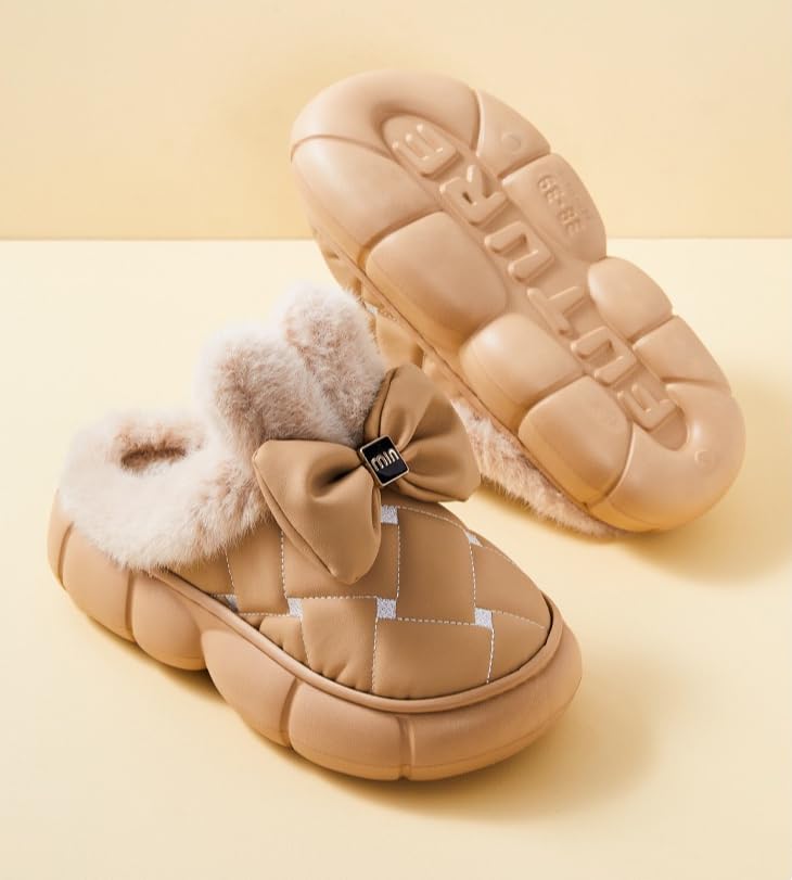Thick Sole Fluffy Slippers for women, Winter Women's Waterproof & Warm Slippers with Bow Decor, Soft Fleece and Stylish Design Fuzzy Slippers3