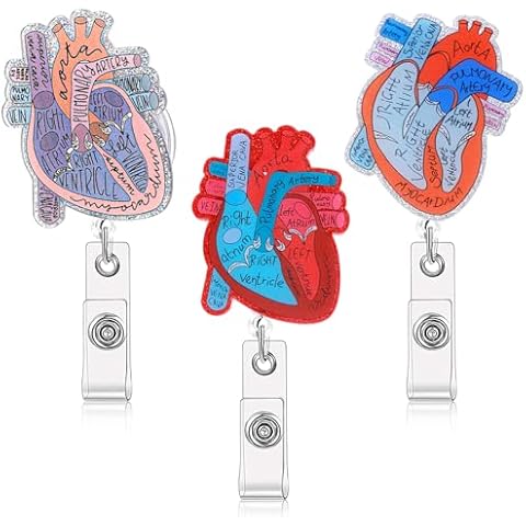 Thinp 3 Pcs Heart Badge Reel Retractable,Cardiac Badge Reel Anatomy Heart ID Card Badge Cardiac Heart Phlebotomy Badge Reel Holder with ID Name Card Tag Clip for Nurse Doctor Medical Clinic Assistant Cover
