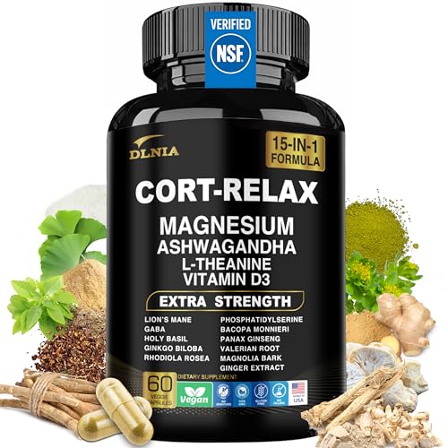 DLNIA Super Calm Cortisol Supplement with Magnesium Glycinate, Ashwagandha KSM-66, L-Theanine, Phosphatidylserine, Ginkgo Biloba & Lions Mane for Calm, Focus, Mental Clarity, Relaxation, Sleep, Energy