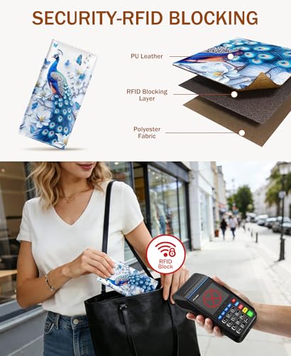 Image of Immaturus Womens Wallet, Slim Thin RFID Blocking Card Wallets, Peacock Bifold PU Leather Credit Card Holder Organizer, Cute Cash Clutch Long Billfold with Zipper Coin Pocket Ladies Girls Gift