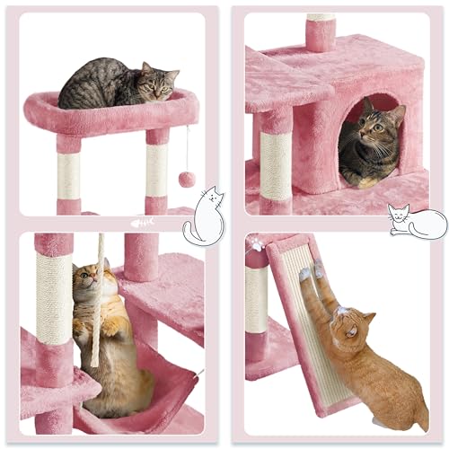 Image of Yaheetech 63in Sturdy Large Cat Tree for Indoor Heavy Cats, Tall Tower | Plush condo, hammock, sisal scratch posts, anti-wobble base, multi-pet friendly, easy assembly, scratch-resistant, pink