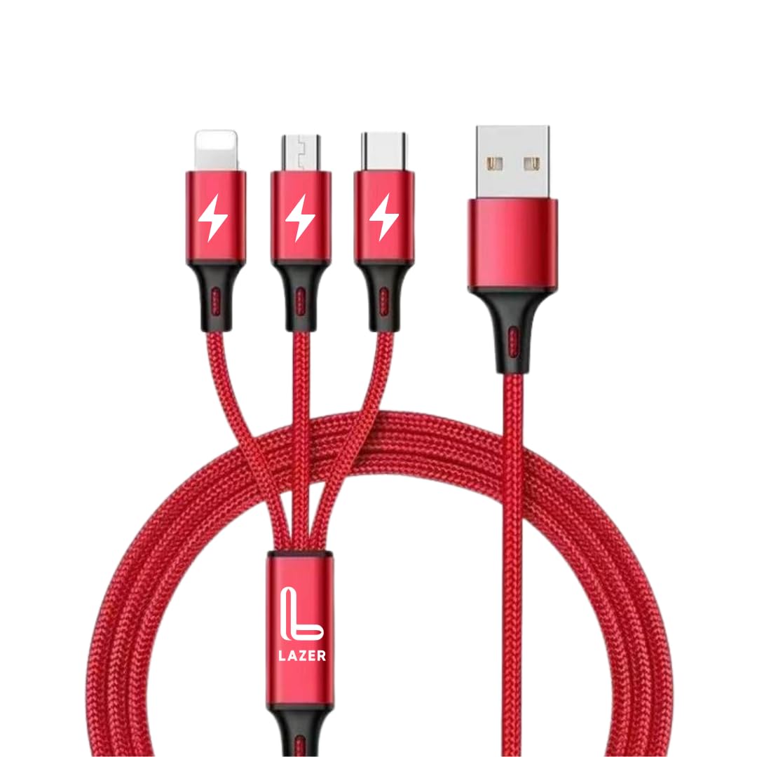 Lazer Unbreakable 3 in 1 Fast Charging Braided Multipurpose Cable with 2.1 A Speed - 1.25 meter