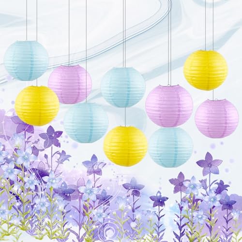 Image of Chinese Paper Lanterns - Pack of 10, 10-Inch Blue /Purple /Yellow Hanging Lights for Birthday Party Decorations, Ceiling Decor, Rainbow Classroom, Wedding, and Home Party