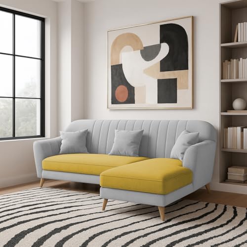 Image of Atticus RHS 4 Seater L Shape Sofa Set with Ottoman for Living Room (Yellow Grey Fabric) Premium Fabric Sofa Set