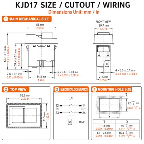 Image of KJD17 /120V Switch 120V 16A 5-Pin (1-Pack) No-Volt Release Electromagnetic Push Button Switch, 46 x 22 mm Cutout, for Concrete Mixer Table Saw Power Tool