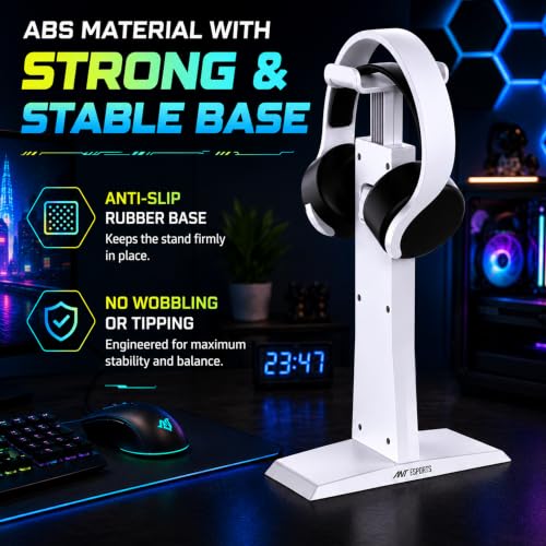 Image of ANT Esports Universal Headset Stand for Gaming Headphones, Adjustable Height 22.5-33.5 cm, Durable ABS, Anti-Slip Rubber Base, 2-Piece Detachable Design, White, 1 Year Warranty