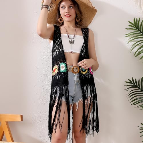 Image of Women's Floral Crochet Hollow Out Sleeveless Fringe Boho Retro-Look Handmade Cardigan Vest Tassels
