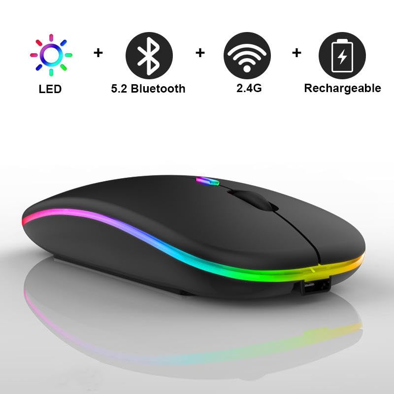 Image of PowerHaus Dual Mode Rechargeable Wireless Mouse, Bluetooth + 2.4GHz Connectivity, Silent Clicks, Adjustable 1600 DPI, RGB LED Lights, Nano USB Receiver, Slim Portable Design - Black