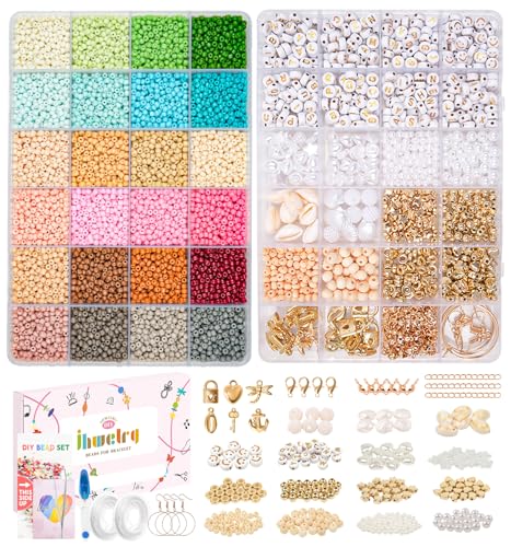 OIOYCLG 12000+ Selber Machen Matte Perlen für Armbänder Schmuckherstellung mit Mini Glasperlen,Holzperlen,Weiß Perles,Buchstaben Beads Kit,Geschenke für Weihnachten,Partys,Feiertag