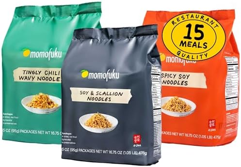 Momofuku Ramen Noodle Variety Pack by David Chang, 15 Count (Pack of 3) Air-Dried Vegan Instant Noodles with Sauce