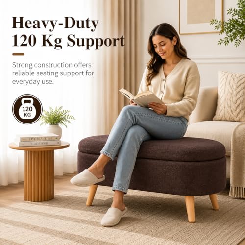 Image of Upholstered Ottoman Storage Bench, Premium Boucle Fabric, Heavy Duty 120 Kg Load Capacity, Multipurpose Seating for Living Room & Bedroom, Brown