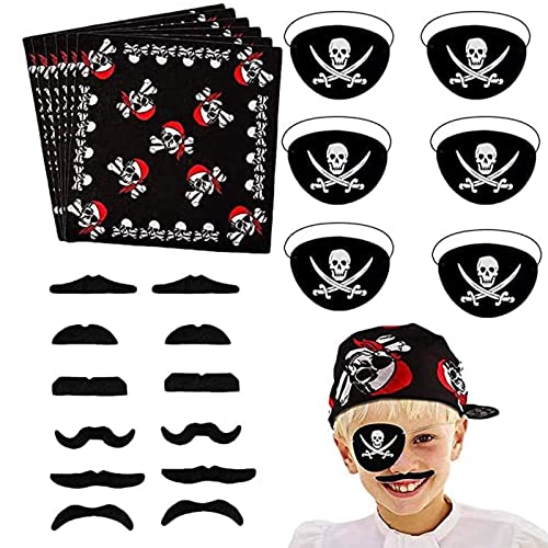 ZHOUHON 24pcs Piraten Zubehör Set Kinder Piratenkapitän Augenklappe Piraten Bandana Kopftuch Falsche Schnurrbärte Kinder für Karneval, Halloween und Partys Cover