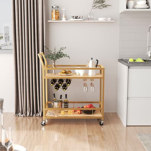Furmax Bar Cart Home Industrial Mobile Bar Cart Serving Wine Cart On Wheels With Wine Rack And Glass Holder 2 Wood Storage Shelves For Living Room, Kitchen, Party (Gold) #TOP2