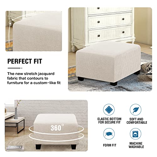 Image of H.VERSAILTEX Square Ottoman Covers Ottoman Slipcovers Folding Storage Stool Furniture Protector Form Fit with Elastic Bottom, Stretch High Spandex Small Checks Jacquard Fabric(Large,Ivory)