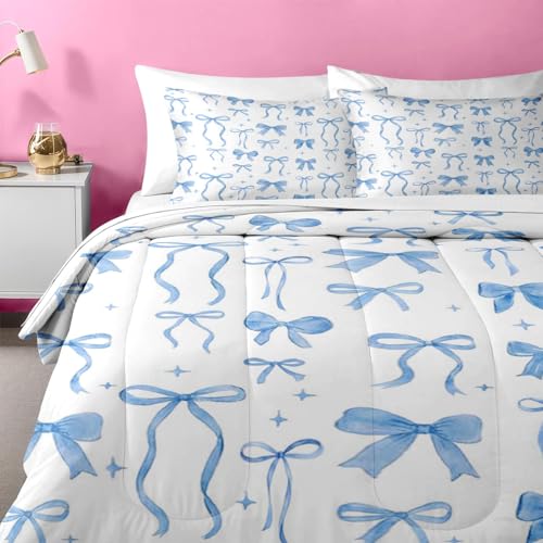Image of Nesker Bow Comforter Set Full Size, 7 Pieces Bed in a Bag, Blue Bow Bedding Set for Girls, Coquette Comforter Set with 2 Pillowcases & 2 Shams
