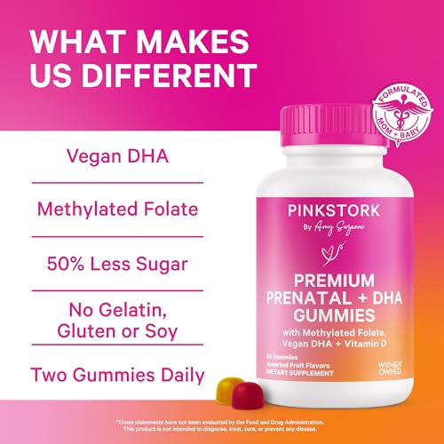 Pink Stork Premium Prenatal Gummy Vitamins with DHA, Folate, and Vitamin D - Multivitamin and Nutrient Blend for Neural Tube and Fetal Brain Development - Pregnancy Must Haves - 60 Vegan Gummies