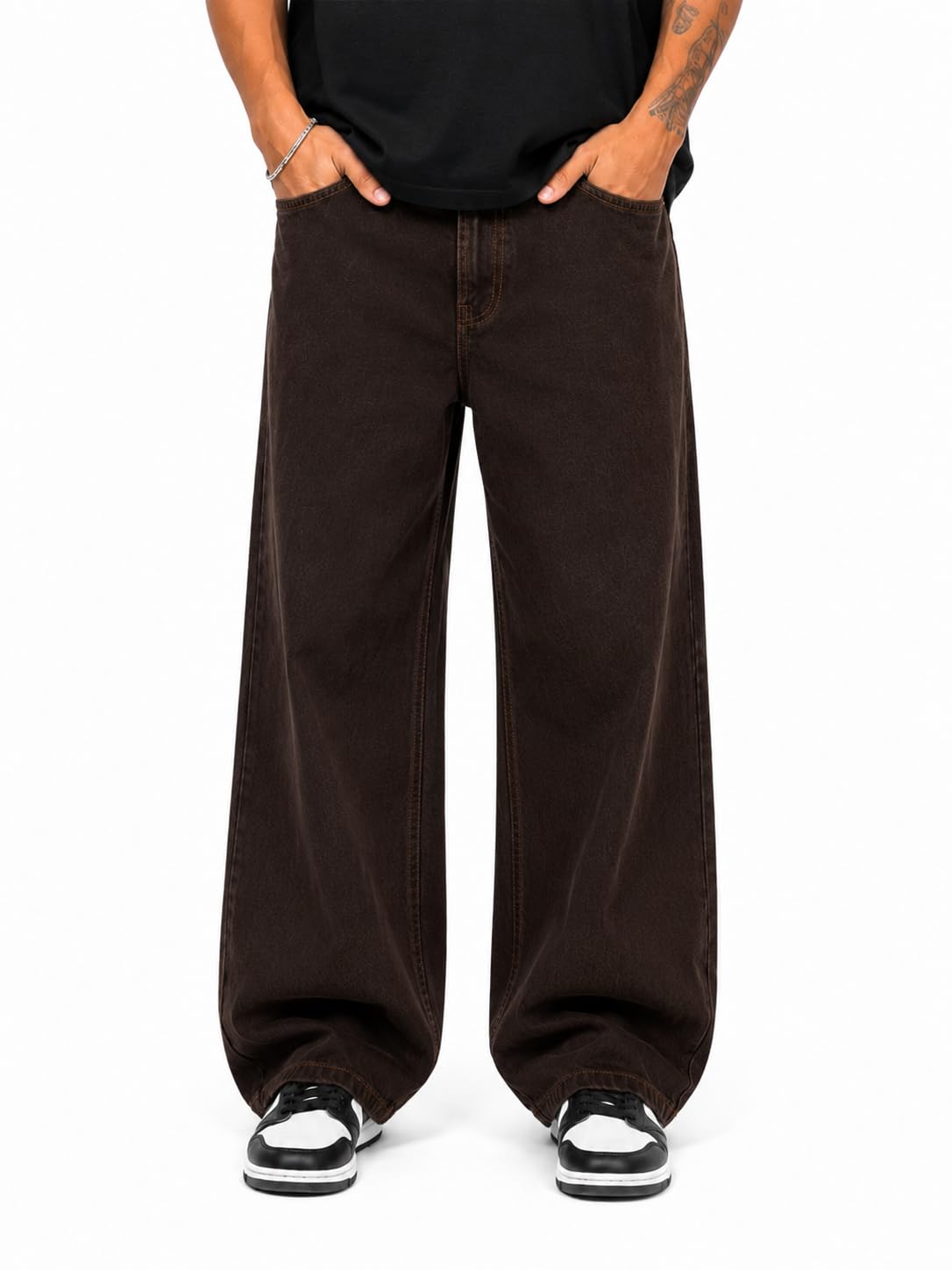 THEBBERA | Unisex Wide Leg Straight Fit Washed Denim Jeans | Mid Rise | Casual Baggy Jeans for Men & Women | Full Length | Dark Brown-picture-35