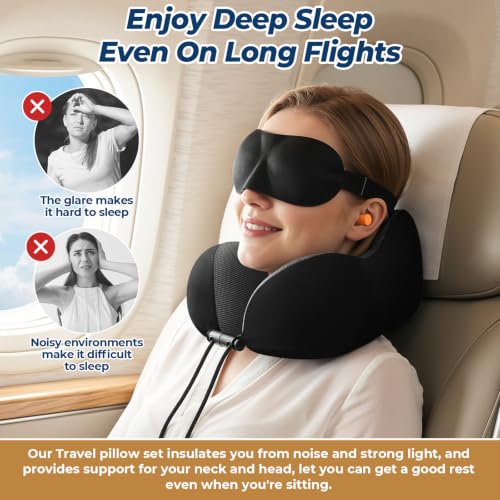 Image of ExploreBliss Travel Pillow, Memory Foam Neck Pillow Airplane, Black | Travel Pillows for Airplanes, Neck Pillow Airplane, Memory Foam Neck Pillow Set with Eye Mask, Earplugs
