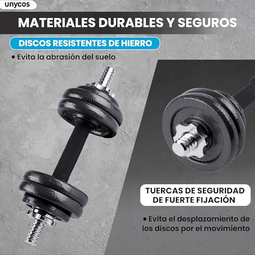 unycos - Par de Mancuernas Ajustables y Antideslizantes con Barra de Conexión【15 kg】E-Book y Maletín, Discos de Hierro con Tuercas Seguras, Gimnasio en Casa, Fitness (Iron Transformer) - imagen 5