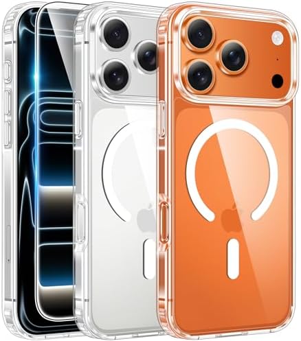 FNTCASE for iPhone 17 Pro Case, Compatible with Magsafe, Clear Transparent Magnetic Shockproof Protective Rugged Phone Cover with Screen Protector - 6.3 inch (A-Clear)