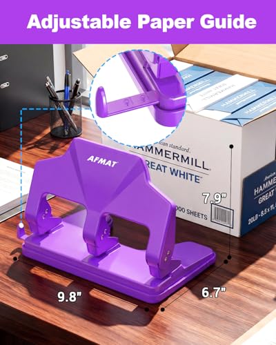 Image of AFMAT 3 Hole Punch Heavy Duty, 40-Sheet Three Hole Punch, 50% Reduced Effort, 3 Hole Puncher for Binder w /Large Chip Tray, 9 /32 inch Holes Diameter, Metal Paper Puncher for Home /Office /School,HP14(Purple)