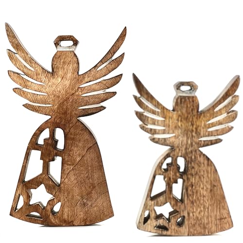Conjunto de 2 anjos da guarda - presentes de amor e adorno. Estatuetas de anjo de madeira feitas &agrave;...
