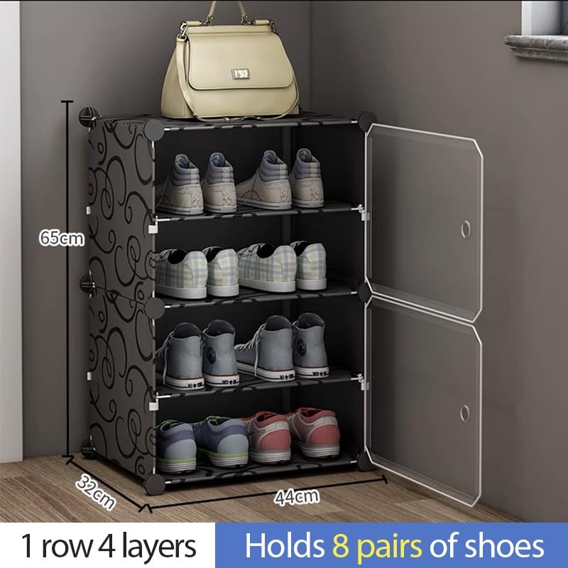 Image of AYSIS 𝟒 𝐒𝐡𝐞𝐥𝐟 DIY Shoe Rack Box Organizer | Multi-Purpose Plastic Shoe Rack for Home | Home Storage Shoe Rack with Door for Entryway, Chappal Slipper Sandals Shoe Stand【Black, 4-Shelf-2-Door】