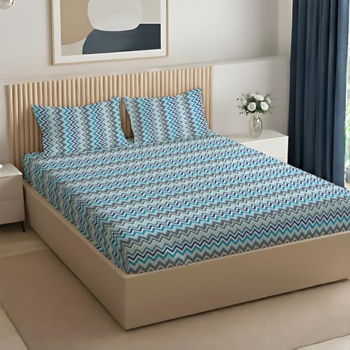 Image of Livspace Cotton Super King Size Bedsheet for Double Bed | 108 inch x 108 inch | 144 TC Flat Cotton Bedsheet with 2 Pillow Covers, Soft & Breathable - Bello Pure Nest Collection (Blue)