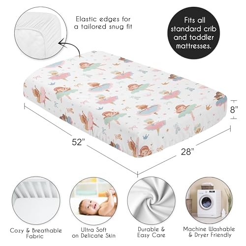 Image of Sweet Jojo Designs Fitted Baby Crib Sheets (Ballerina and Bows) for Girls, Infant Nursery, Toddler Bed Room - Standard Size Mattress (Ballet Shoes, Dancer, Hearts, Stars, Crowns, Princess, Tutu)