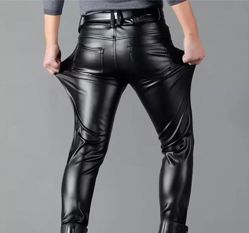 Men's PU Leather Slim Fit Pants Stretch Motorcycle Trousers2