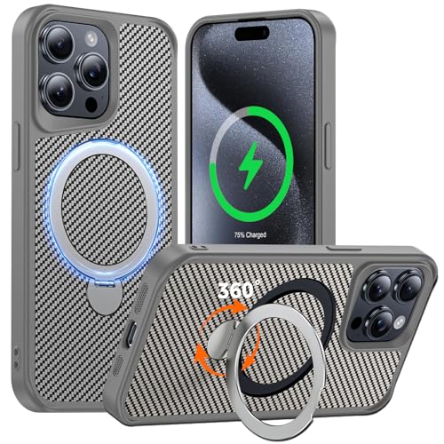 FlyReal Designed for iPhone 15 Pro Max Case with 360° Magnetic Stand, Carbon Fiber Phone Case [Compatible with Magsafe] [16FT Military Protection] with Stand Ring 6.7'', Natural Titanium