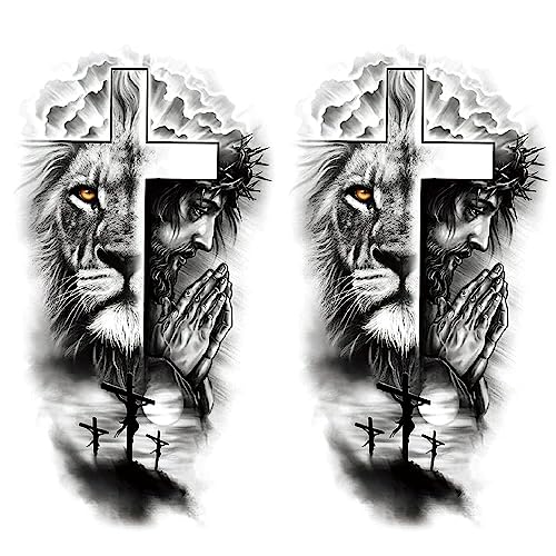 Oottati 2 Sheets Realistic Animal Temporary Tattoos Stickers Forest Lion Jesus Cross Old School Designs For Men Waterproof Arm Leg Fake Body Art, Gym & Parties Bold Masculine Decals