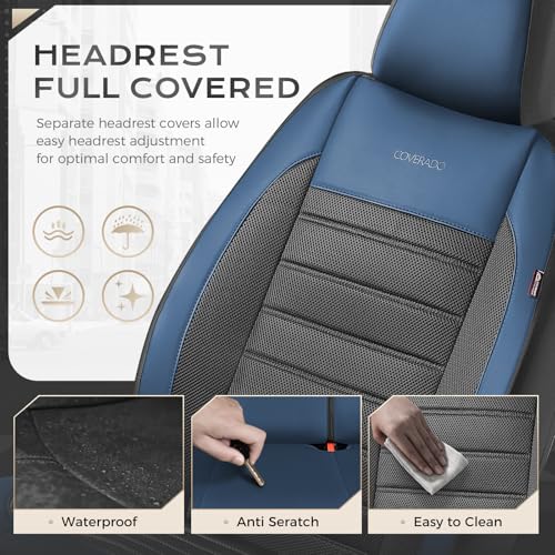 Image of Coverado Car Seat Covers Front Seats, Luxury Leather Car Seat Covers, Automotive Mesh Seat Covers 2 Pack, Airbag-Compatible, Black Blue Seat Covers for SUV Sedan Truck